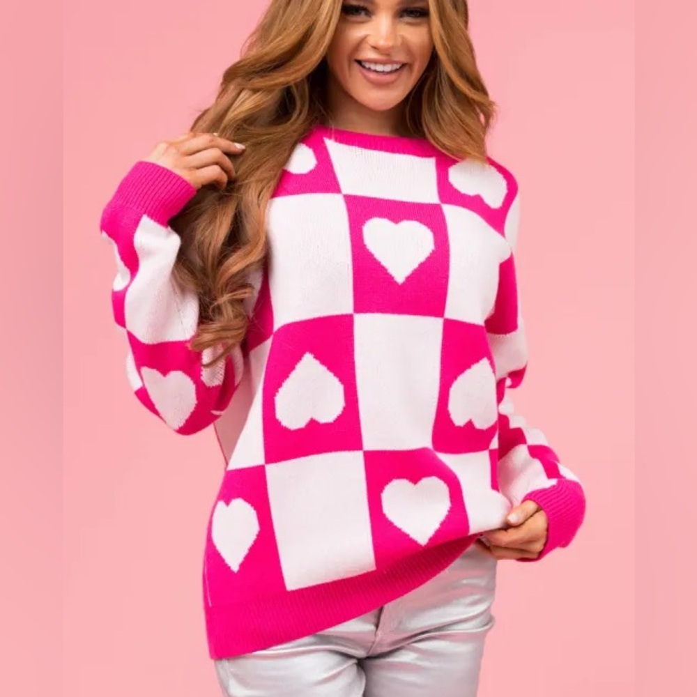 NWT Eesome Vibrant Pink magenta White Heart Sweater new size medium Valentine’s